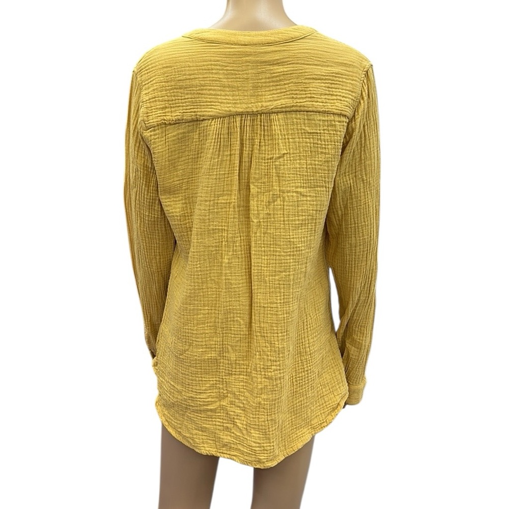 Mote Cotton Mustard Yellow Gauze Split V Neck Double Pocket Long Sleeve Top Sz L - Picture 6 of 11